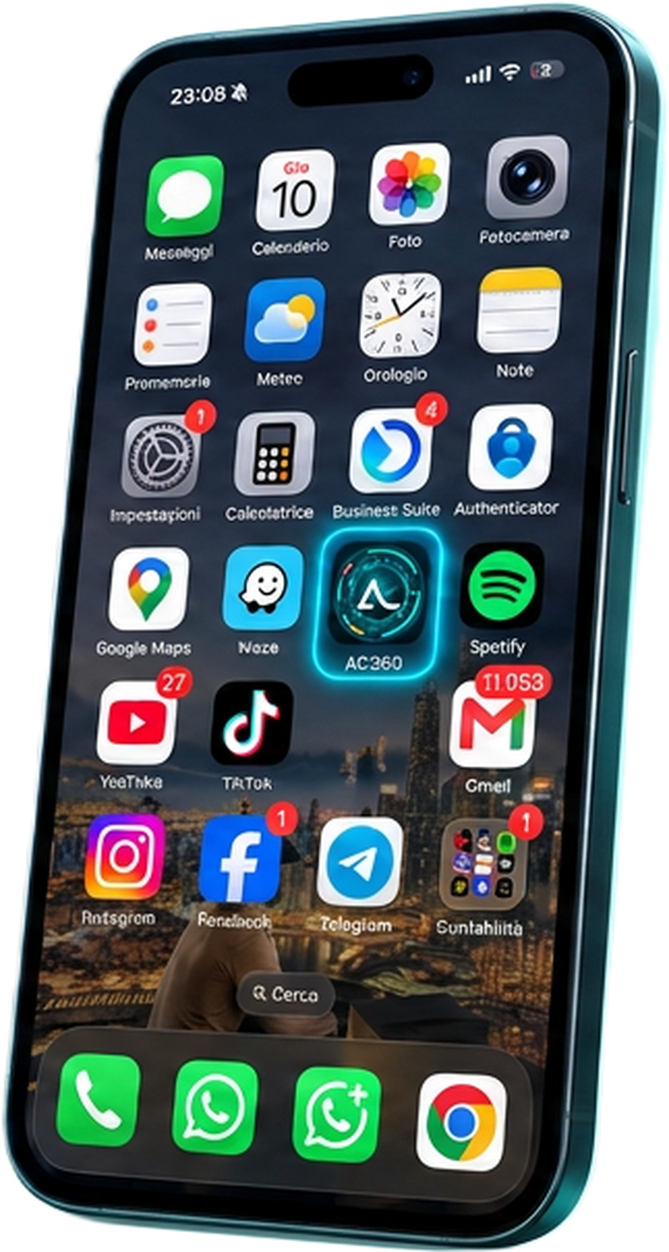 iPhone con l'icona di AC360 Core sulla schermata Home